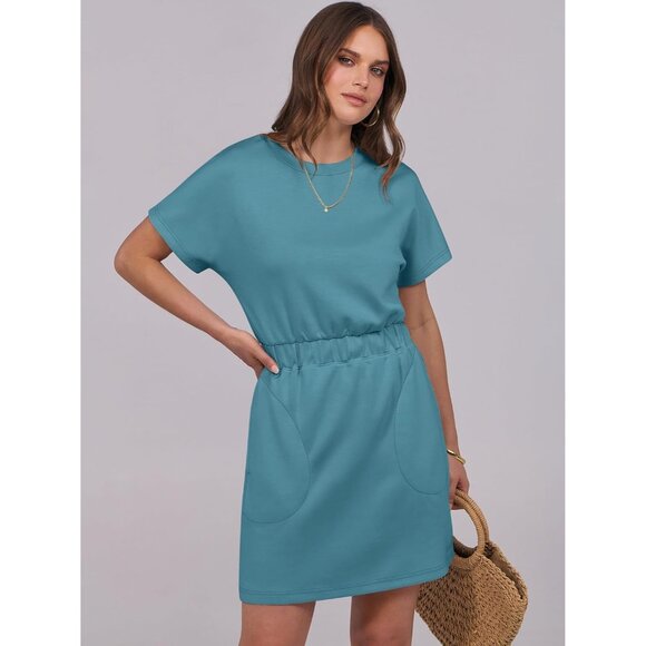 Anrabess Women Teal Crew Neck Elastic Waist Mini T Shirt Dress With Pocket - Picture 2 of 6